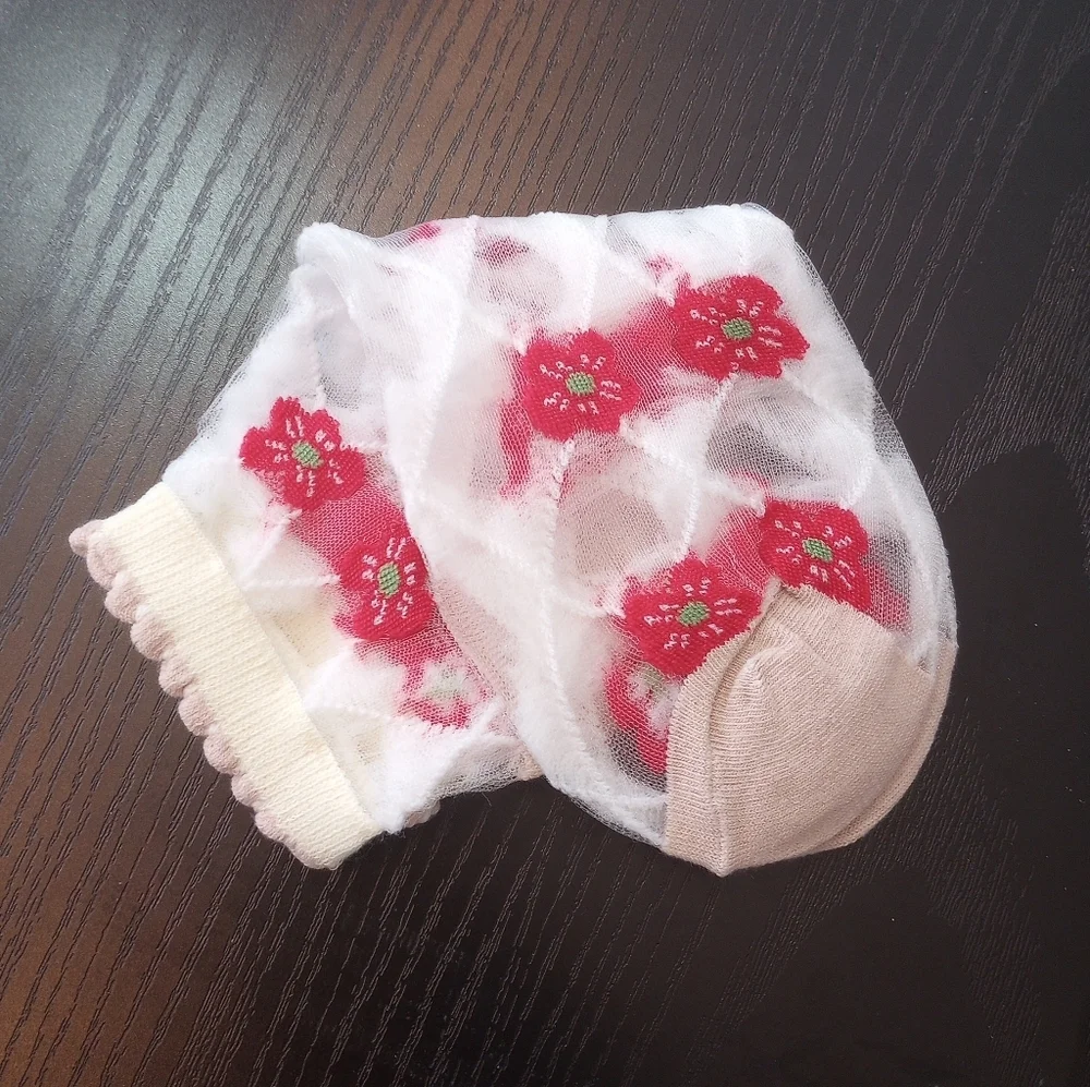 Floral Sheer Diamond Pattern White Red Cream Spring Summer Lace Ankle Socks